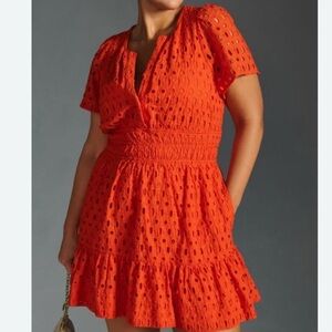 Anthropologie The Somerset Mini Dress Eyelet Hot Bright Coral Orange XL NWT!
